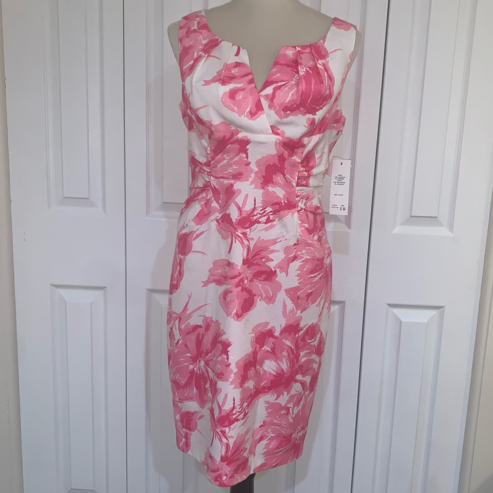 NWT Adrianna Papell Petite Sz10P Pink&White lined cotton floral VNeck Dress